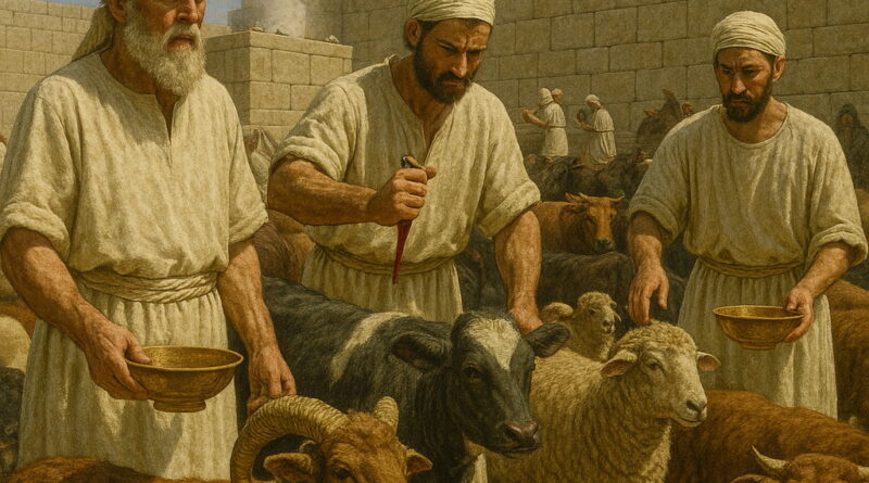 Priests in white garments perform sacrifices of bulls, rams, and goats during the dedication of God’s house, with smoke rising from the altar.