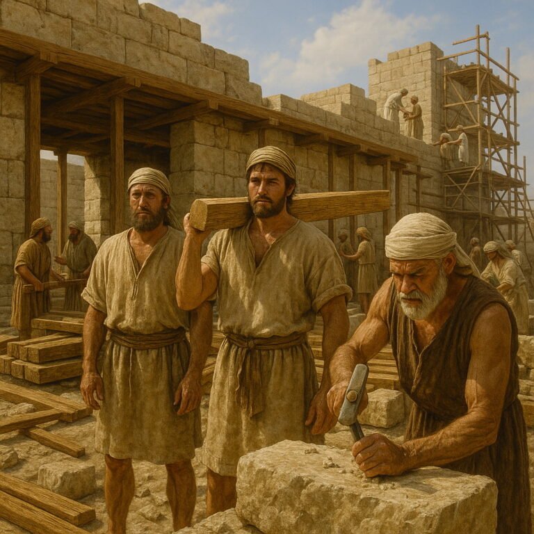 Workers rebuilding the temple with large stone blocks and timber, as others labor on scaffolding in the background.