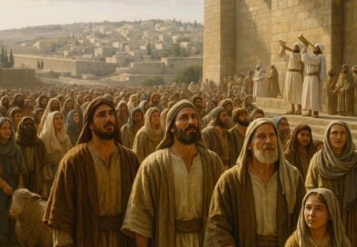 The people of Israel gather in Jerusalem to celebrate the Lord’s Passover, listening to the priests’ trumpet blast.