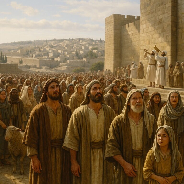The people of Israel gather in Jerusalem to celebrate the Lord’s Passover, listening to the priests’ trumpet blast.