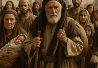 Jewish captives return from Babylon to Jerusalem, led by an elderly man with a staff, surrounded by family and children, with ruined city walls in the background.