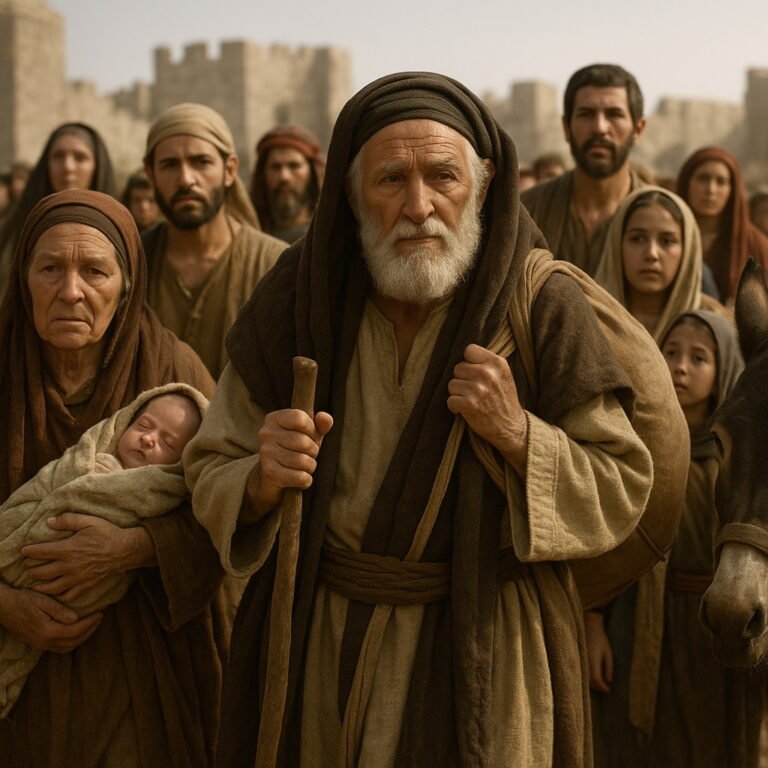 Jewish captives return from Babylon to Jerusalem, led by an elderly man with a staff, surrounded by family and children, with ruined city walls in the background.