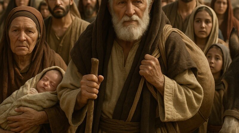Jewish captives return from Babylon to Jerusalem, led by an elderly man with a staff, surrounded by family and children, with ruined city walls in the background.