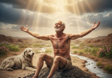 A man, resembling Job but with a look of renewed hope and joy, sits on an ash heap in a blossoming desert landscape with a flowing stream. He has his arms outstretched towards a radiant light in the heavens, from which a subtle, benevolent divine face emerges. His faithful dog rests peacefully beside him.