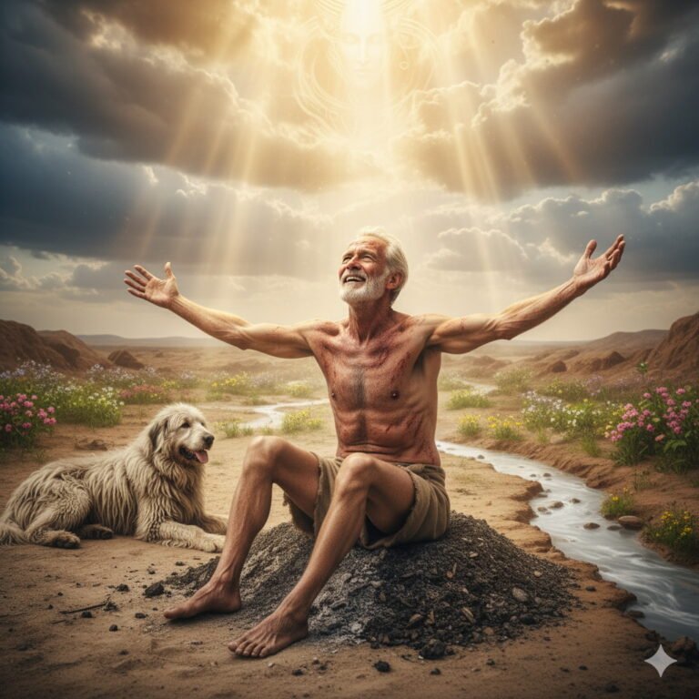 A man, resembling Job but with a look of renewed hope and joy, sits on an ash heap in a blossoming desert landscape with a flowing stream. He has his arms outstretched towards a radiant light in the heavens, from which a subtle, benevolent divine face emerges. His faithful dog rests peacefully beside him.