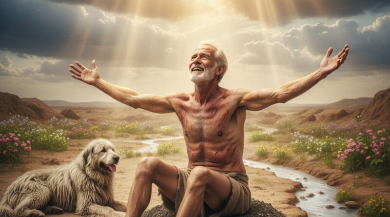A man, resembling Job but with a look of renewed hope and joy, sits on an ash heap in a blossoming desert landscape with a flowing stream. He has his arms outstretched towards a radiant light in the heavens, from which a subtle, benevolent divine face emerges. His faithful dog rests peacefully beside him.