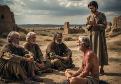 In a desolate, ancient landscape under a cloudy sky, Job, an elderly man with reddish sores on his bare chest, sits on an ash heap, facing three older, bearded men who are seated respectfully on the ground. A younger man, Elihu, stands slightly apart, looking modest and thoughtful, his hands clasped, as if preparing to speak.