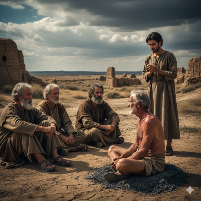 In a desolate, ancient landscape under a cloudy sky, Job, an elderly man with reddish sores on his bare chest, sits on an ash heap, facing three older, bearded men who are seated respectfully on the ground. A younger man, Elihu, stands slightly apart, looking modest and thoughtful, his hands clasped, as if preparing to speak.