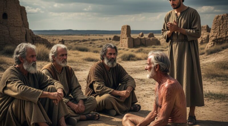 In a desolate, ancient landscape under a cloudy sky, Job, an elderly man with reddish sores on his bare chest, sits on an ash heap, facing three older, bearded men who are seated respectfully on the ground. A younger man, Elihu, stands slightly apart, looking modest and thoughtful, his hands clasped, as if preparing to speak.