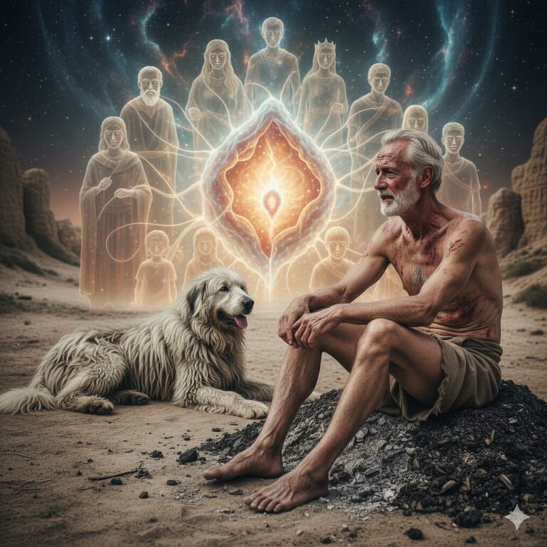 Job, an elderly man with reddish sores on his body, sits on an ash heap in a barren desert. Beside him, a large, shaggy dog rests. In the background, ethereal, glowing figures representing diverse human forms—men, women, and children—emanate from a central, radiant, symbolic embryonic shape, all under a cosmic sky.