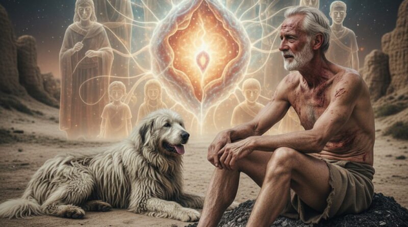 Job, an elderly man with reddish sores on his body, sits on an ash heap in a barren desert. Beside him, a large, shaggy dog rests. In the background, ethereal, glowing figures representing diverse human forms—men, women, and children—emanate from a central, radiant, symbolic embryonic shape, all under a cosmic sky.