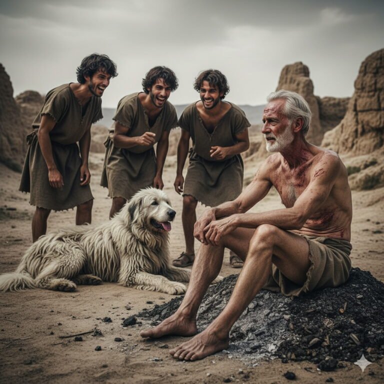 A weakened and sore-covered Job sits on an ash heap in a desolate landscape, looking distressed. Behind him, three younger men in simple attire are laughing mockingly at him. A large, shaggy dog lies calmly near Job, observing the scene.