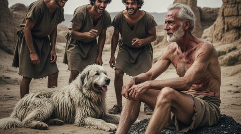 A weakened and sore-covered Job sits on an ash heap in a desolate landscape, looking distressed. Behind him, three younger men in simple attire are laughing mockingly at him. A large, shaggy dog lies calmly near Job, observing the scene.