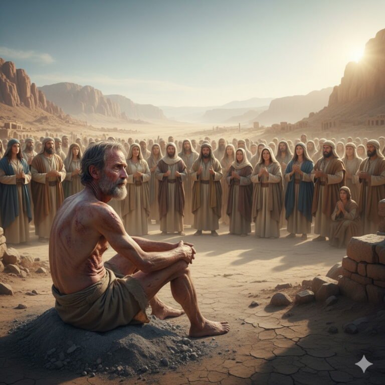 In a vast, sun-drenched desert valley, a gaunt, sore-afflicted Job sits on an ash heap in the foreground, looking introspectively. Behind him, a large crowd of people, dressed in ancient attire, stand respectfully in a semi-circle, their gazes directed towards him, suggesting a deep reverence.