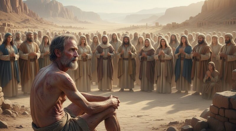 In a vast, sun-drenched desert valley, a gaunt, sore-afflicted Job sits on an ash heap in the foreground, looking introspectively. Behind him, a large crowd of people, dressed in ancient attire, stand respectfully in a semi-circle, their gazes directed towards him, suggesting a deep reverence.