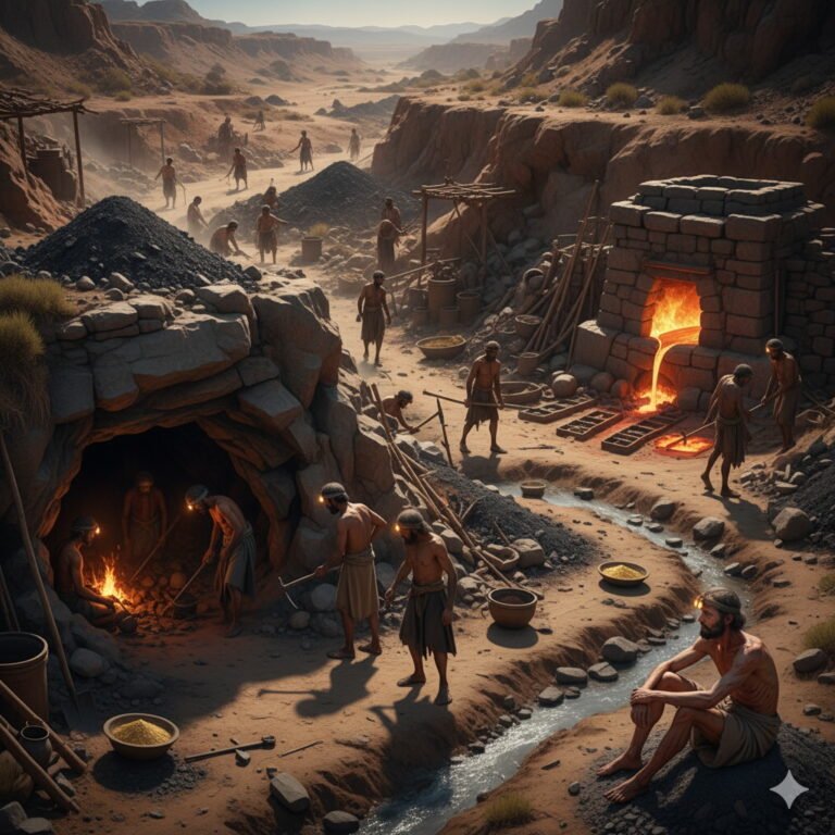 An expansive, photorealistic scene of an ancient, arid valley where numerous laborers are engaged in mining and metalworking. On the left, workers emerge from a mine shaft with glowing light, while others sort ore. On the right, a large stone furnace glows intensely as molten metal is poured, and workers prepare casting molds. A stream flows through the center. In the foreground, Job sits dejectedly by the stream, partially clothed, his body marked by reddish sores, observing the industrious but arduous work.