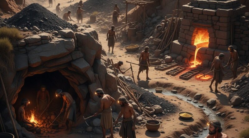 An expansive, photorealistic scene of an ancient, arid valley where numerous laborers are engaged in mining and metalworking. On the left, workers emerge from a mine shaft with glowing light, while others sort ore. On the right, a large stone furnace glows intensely as molten metal is poured, and workers prepare casting molds. A stream flows through the center. In the foreground, Job sits dejectedly by the stream, partially clothed, his body marked by reddish sores, observing the industrious but arduous work.