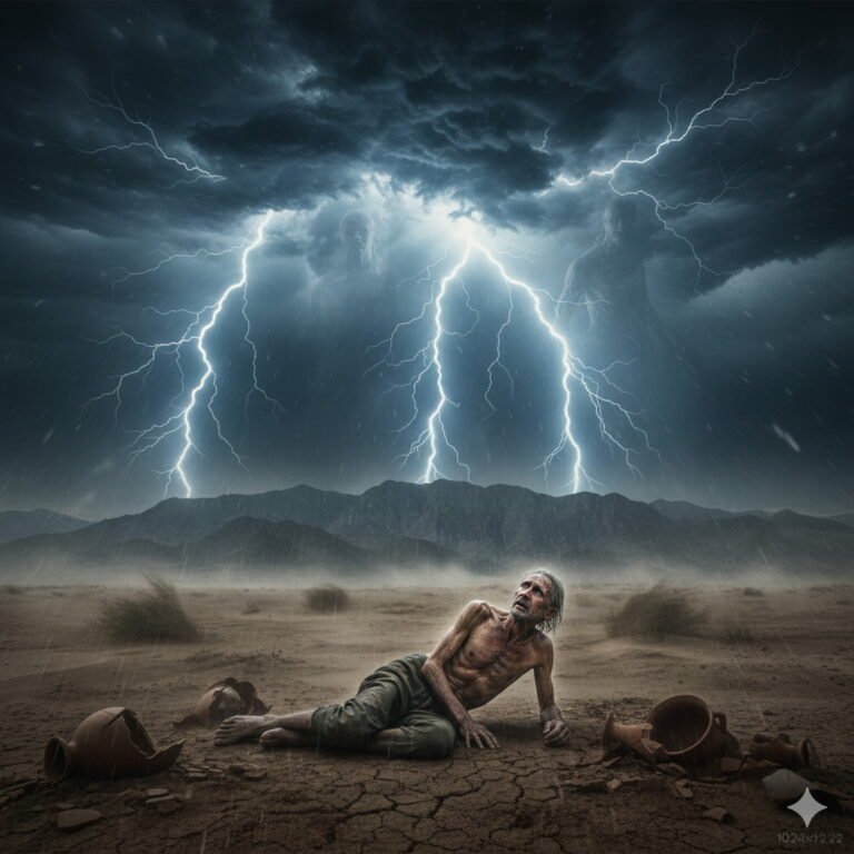 A frail, emaciated Job lies on cracked desert ground, looking up at a stormy sky filled with powerful lightning and distant, indistinct divine silhouettes, emphasizing the overwhelming power of God.