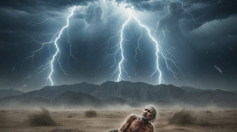 A frail, emaciated Job lies on cracked desert ground, looking up at a stormy sky filled with powerful lightning and distant, indistinct divine silhouettes, emphasizing the overwhelming power of God.