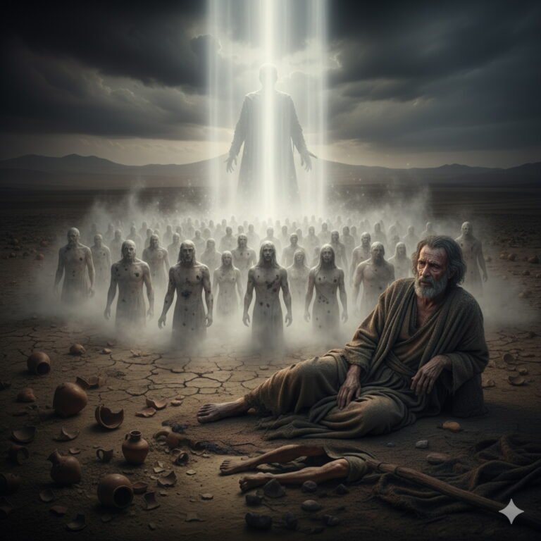 A weakened Job observes a multitude of bare, humbled figures emerging from mist under a descending divine light and a looming silhouette, representing human impurity before God.
