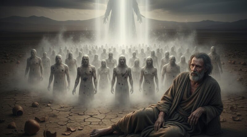 A weakened Job observes a multitude of bare, humbled figures emerging from mist under a descending divine light and a looming silhouette, representing human impurity before God.