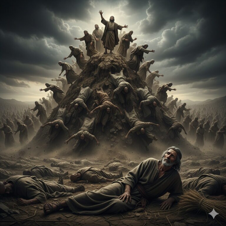 A dramatic scene depicting figures rising to a peak and then falling, resembling harvested wheat, with a weary Job lying among the fallen in the foreground, under a stormy sky.