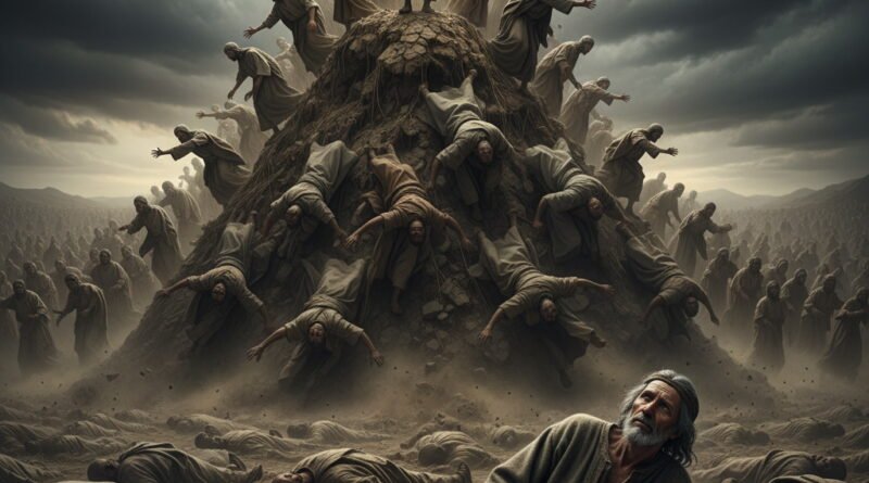 A dramatic scene depicting figures rising to a peak and then falling, resembling harvested wheat, with a weary Job lying among the fallen in the foreground, under a stormy sky.