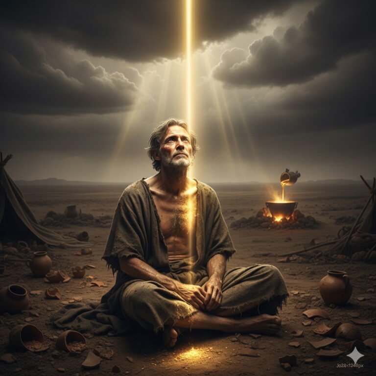 A weakened Job sits in a desert, looking up as a golden light descends upon him from a dramatic sky, symbolizing divine knowledge and purification.