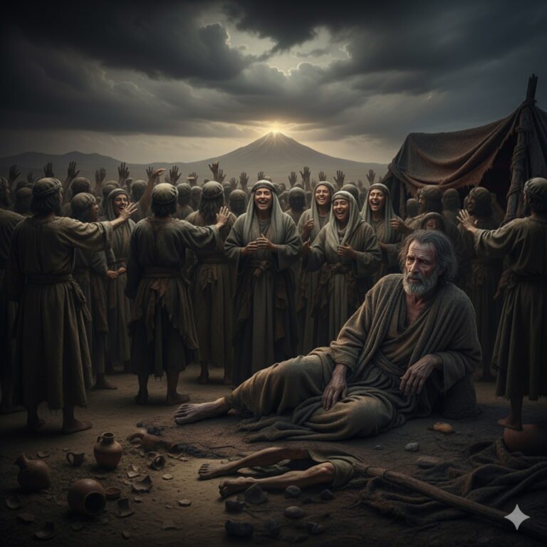 A group of people in ancient attire are seen laughing and gesturing, some with joy and others mockingly, while a severely weakened Job sits in the foreground, looking on with weary resignation.