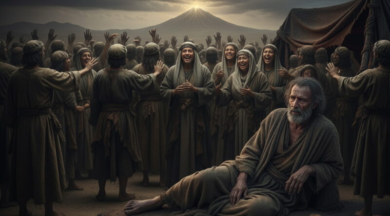 A group of people in ancient attire are seen laughing and gesturing, some with joy and others mockingly, while a severely weakened Job sits in the foreground, looking on with weary resignation.