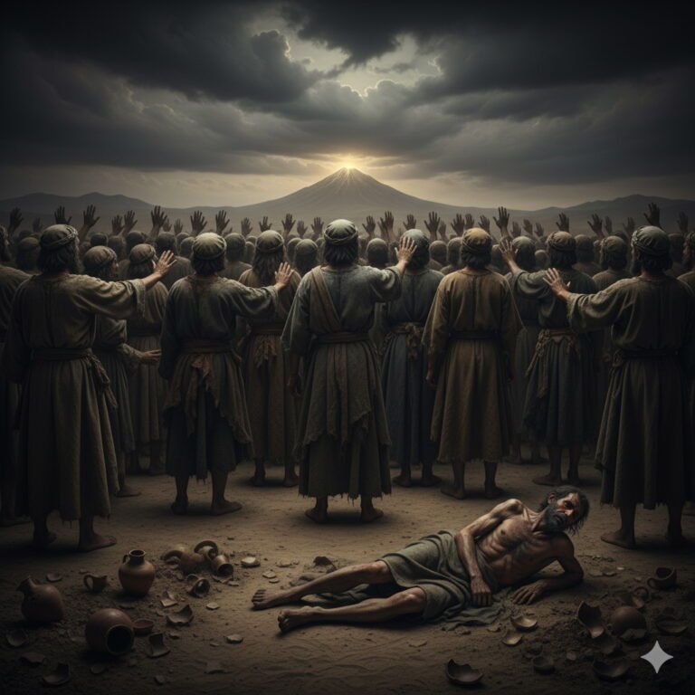 A crowd of people with their backs turned and hands raised in rejection towards a distant mountain under a dramatic sky, while a severely weakened Job lies on the ground in the foreground.
