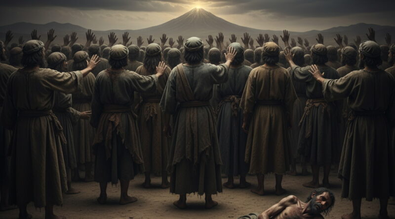 A crowd of people with their backs turned and hands raised in rejection towards a distant mountain under a dramatic sky, while a severely weakened Job lies on the ground in the foreground.