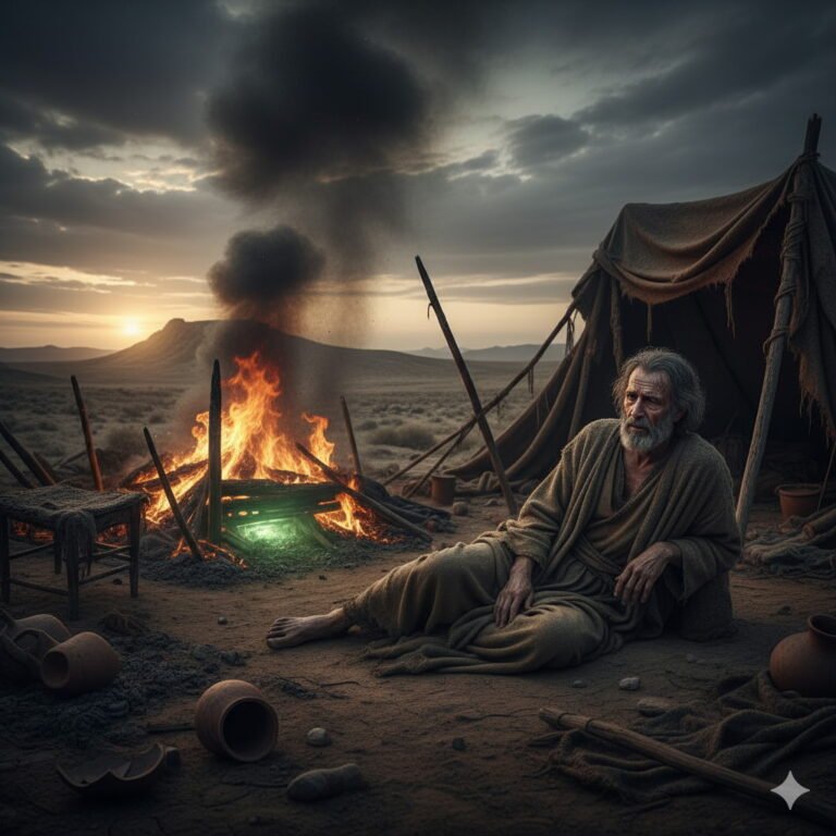 A desolate scene showing a weakened Job sitting near a smoldering fire and a torn tent in a desert landscape under a dark, dramatic sky.