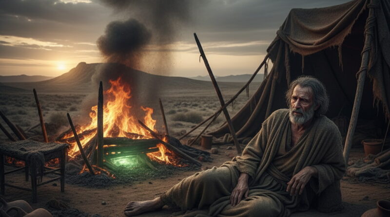 A desolate scene showing a weakened Job sitting near a smoldering fire and a torn tent in a desert landscape under a dark, dramatic sky.