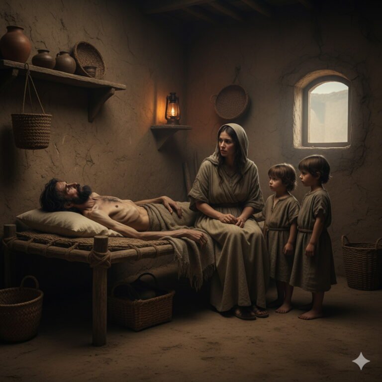 A emaciated Job lies on a bed, his wife gently touching his arm, while two small children stand beside her, looking on with concern in a dimly lit, ancient room.