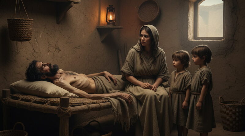 A emaciated Job lies on a bed, his wife gently touching his arm, while two small children stand beside her, looking on with concern in a dimly lit, ancient room.