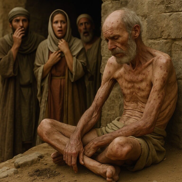 Emaciated Job sits in anguish against a stone wall, his body covered in sores, while three shocked onlookers in biblical attire watch him.