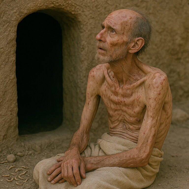 A frail, diseased man sits by the entrance of an ancient tomb, his thin body scarred and marked, with maggots in the soil near his hands.