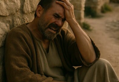 A distressed man in ancient clothing sits against a stone wall, clutching his head in anguish.