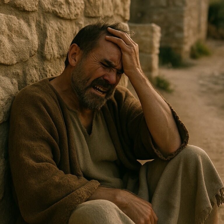A distressed man in ancient clothing sits against a stone wall, clutching his head in anguish.