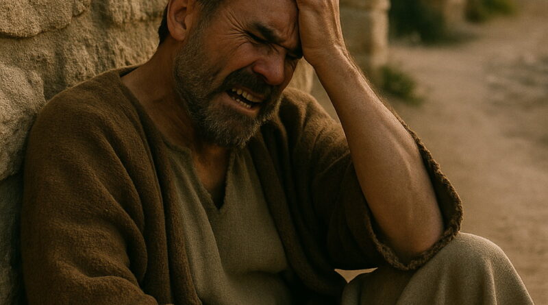 A distressed man in ancient clothing sits against a stone wall, clutching his head in anguish.