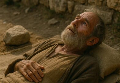 An elderly man in ancient clothing lies on a mat, gazing upward with hope and longing, against a stone wall backdrop.