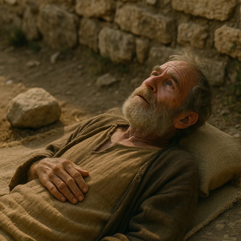 An elderly man in ancient clothing lies on a mat, gazing upward with hope and longing, against a stone wall backdrop.