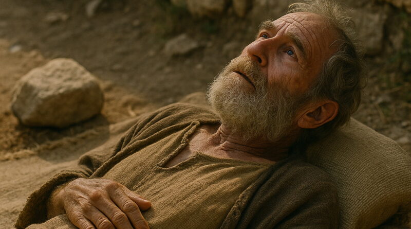 An elderly man in ancient clothing lies on a mat, gazing upward with hope and longing, against a stone wall backdrop.