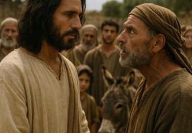 A biblical scene showing two men in deep conversation, one resembling Jesus, surrounded by villagers in ancient attire with a donkey nearby.