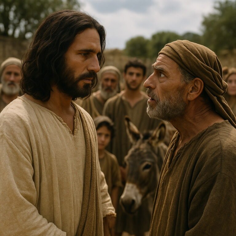 A biblical scene showing two men in deep conversation, one resembling Jesus, surrounded by villagers in ancient attire with a donkey nearby.