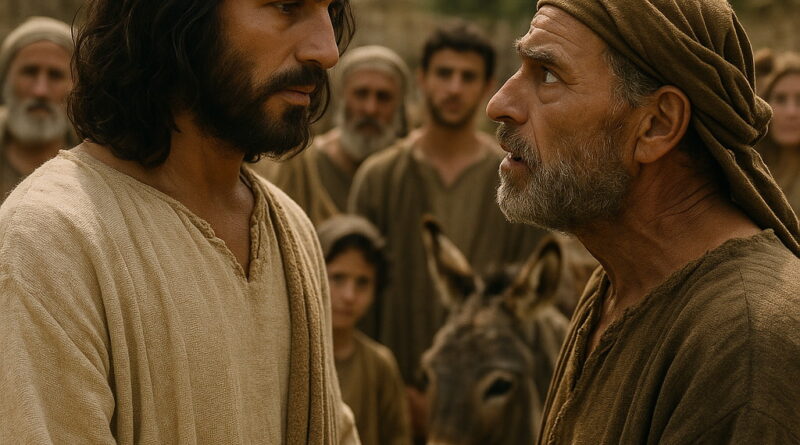 A biblical scene showing two men in deep conversation, one resembling Jesus, surrounded by villagers in ancient attire with a donkey nearby.