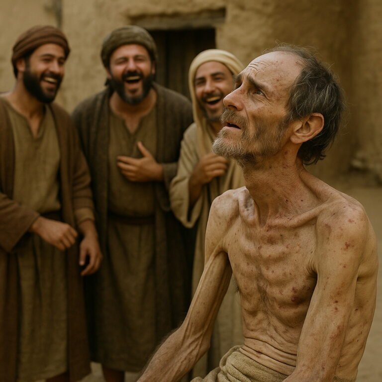 A frail man with sores looks upward in anguish while three friends behind him laugh mockingly, dressed in traditional biblical attire.