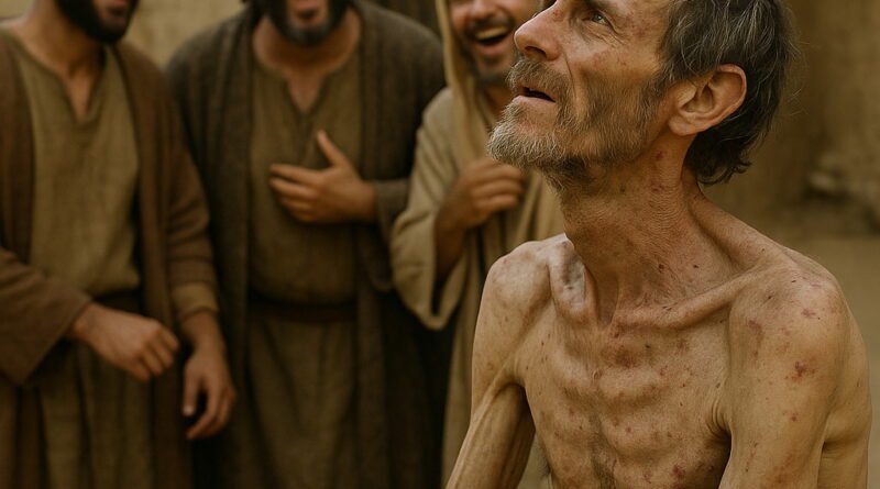 A frail man with sores looks upward in anguish while three friends behind him laugh mockingly, dressed in traditional biblical attire.