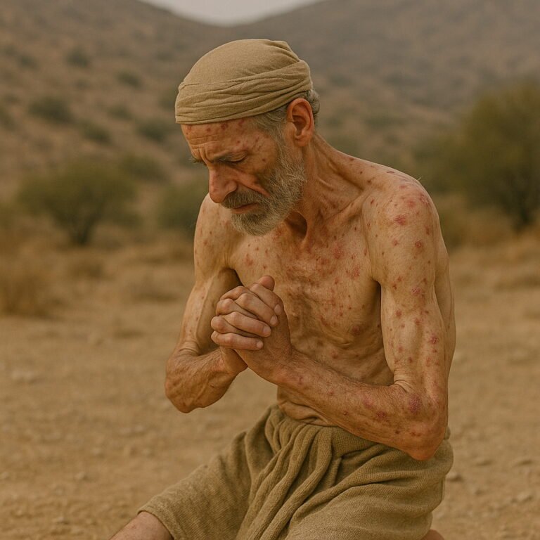 A frail, sickly man with sores kneels in prayer on a barren landscape, his head bowed in deep anguish and humility.